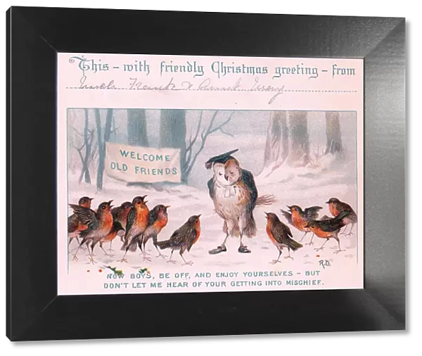 Owl teacher and robin pupils on a Christmas card