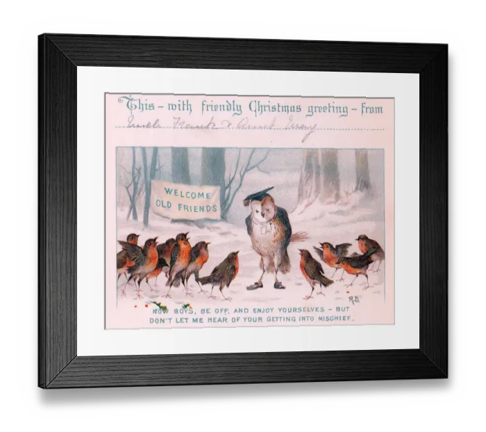 Framed Print : Owl teacher and robin pupils on a Christmas card Framed Print : Owl teacher and robin pupils on a Christmas card