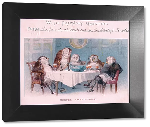 Five owls at a table on a Christmas card