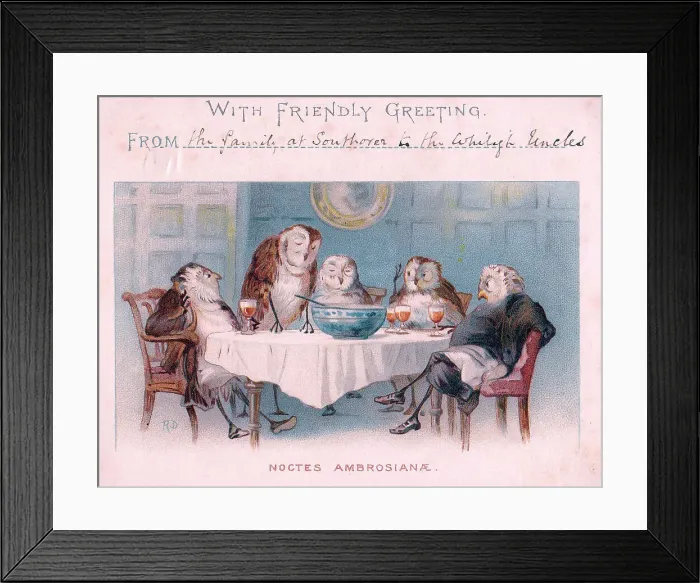 Framed Print : Five owls at a table on a Christmas card Framed Print : Five owls at a table on a Christmas card