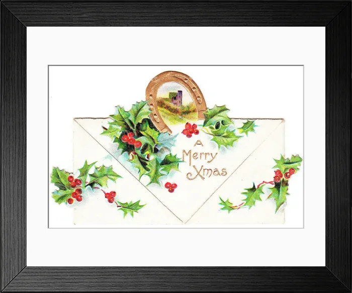 Framed Print : Holly and horseshoe on a cutout Christmas card Framed Print : Holly and horseshoe on a cutout Christmas card