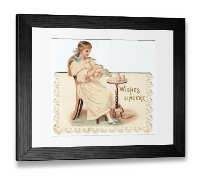 Framed Print : Girl at a table on a cutout greetings card Framed Print : Girl at a table on a cutout greetings card