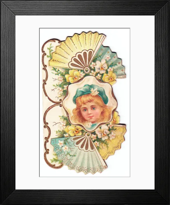 Framed Print : Girl with fans and flowers on a cutout greetings card Framed Print : Girl with fans and flowers on a cutout greetings card