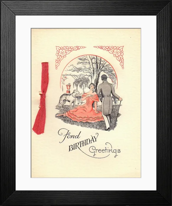 Framed Print : Couple and dog in a garden on a birthday card Framed Print : Couple and dog in a garden on a birthday card