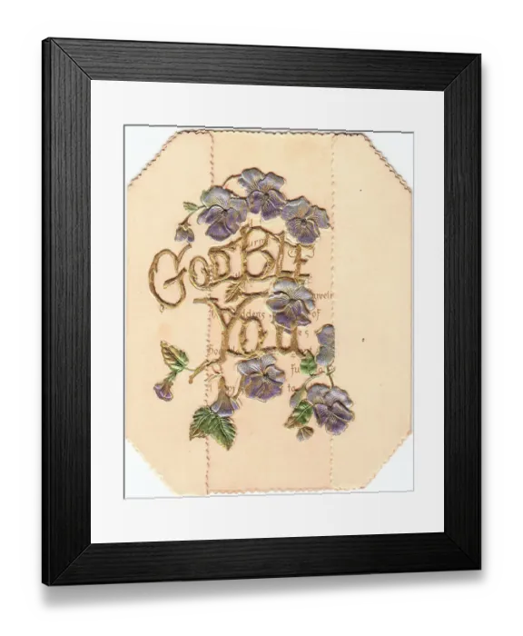 Framed Print : Purple flowers and gold lettering on a greetings card