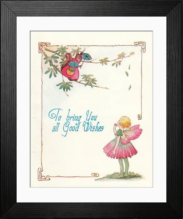 Framed Print : Fairy looking at a squirrel on a greetings card Framed Print : Fairy looking at a squirrel on a greetings card
