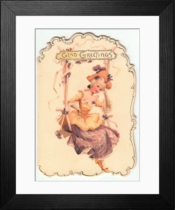 Framed Print : Lady in historical costume on a swing on a greetings card Framed Print : Lady in historical costume on a swing on a greetings card