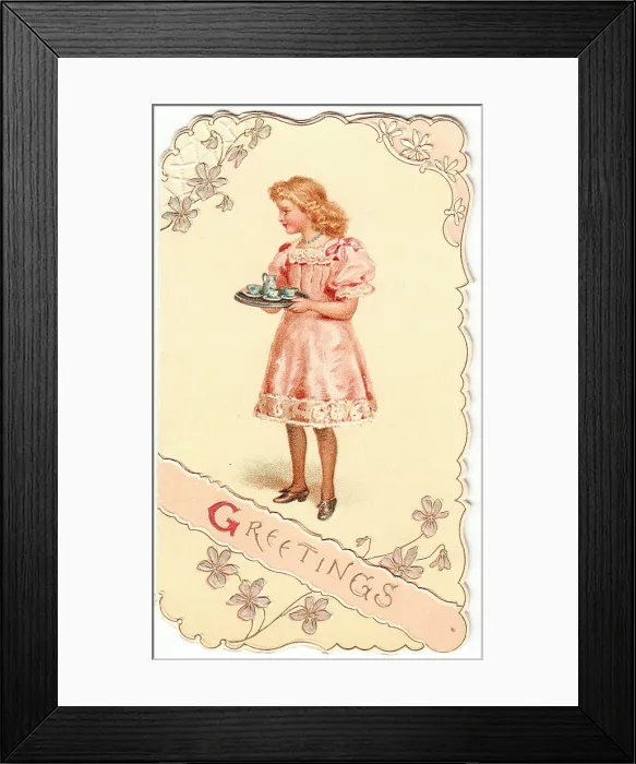 Framed Print : Girl with tea tray on a greetings card Framed Print : Girl with tea tray on a greetings card