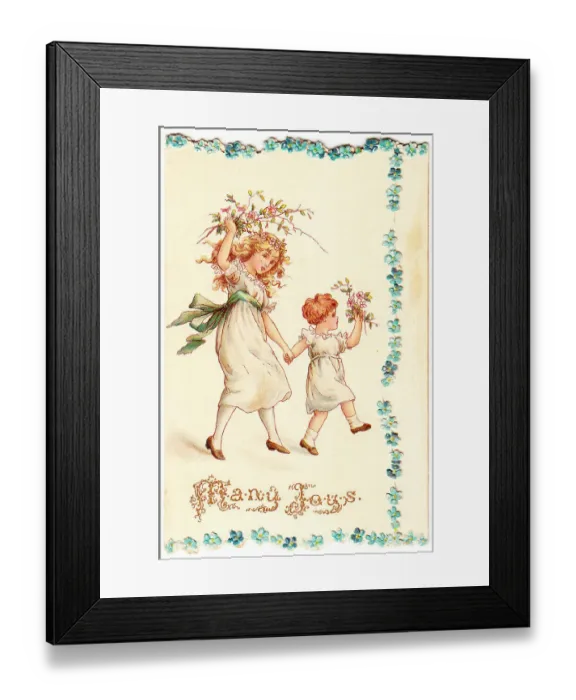 Framed Print : Two girls with flowers on a greetings card Framed Print : Two girls with flowers on a greetings card