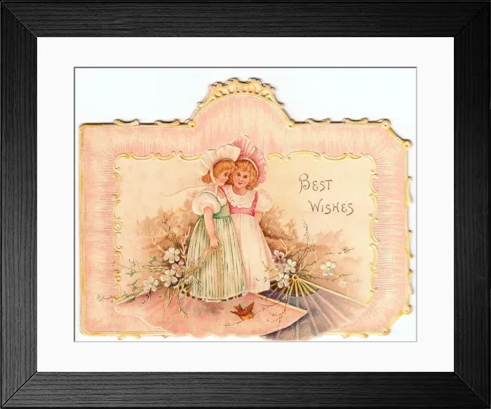 Framed Print : Two girls with flowers and bird on a greetings card Framed Print : Two girls with flowers and bird on a greetings card
