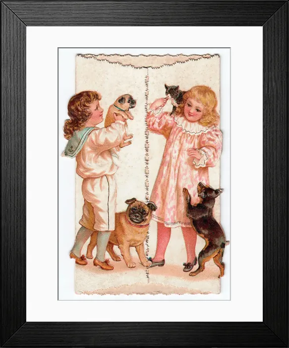 Framed Print : Boy in sailor suit with dogs on a Christmas card Framed Print : Boy in sailor suit with dogs on a Christmas card