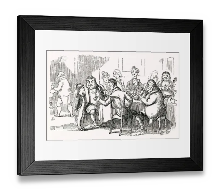 Framed Print : Illustration, The Newcomes, by Thackeray, showing a group of men dining at a table, with a boy standing on the left. Date: first published 1850s Framed Print : Illustration, The Newcomes, by Thackeray, showing a group of men dining at a table, with a boy standing on the left. Date: first published 1850s