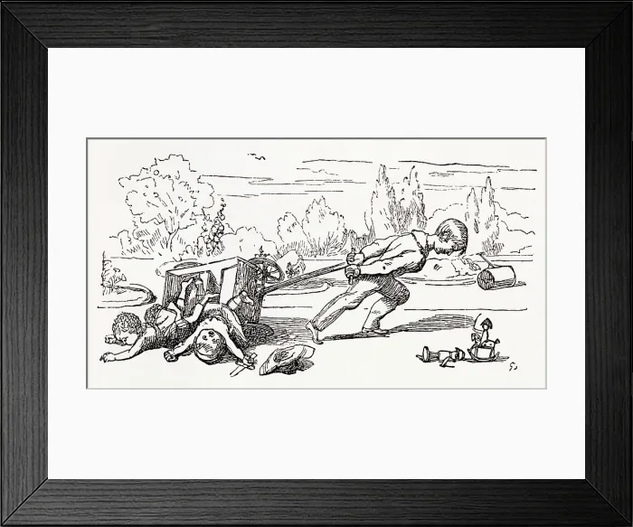 Framed Print : Illustration, The Newcomes, by Thackeray, showing a badly behaved boy upsetting his two little brothers from a go-cart. Date: first published 1850s Framed Print : Illustration, The Newcomes, by Thackeray, showing a badly behaved boy upsetting his two little brothers from a go-cart. Date: first published 1850s