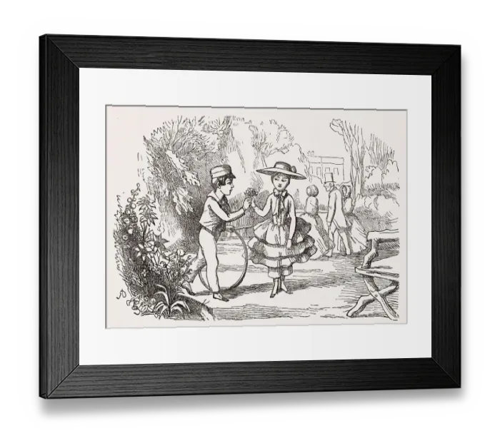 Framed Print : Illustration, The Newcomes, by Thackeray, showing a boy giving a posy of flowers to a girl in a garden. Date: first published 1850s Framed Print : Illustration, The Newcomes, by Thackeray, showing a boy giving a posy of flowers to a girl in a garden. Date: first published 1850s