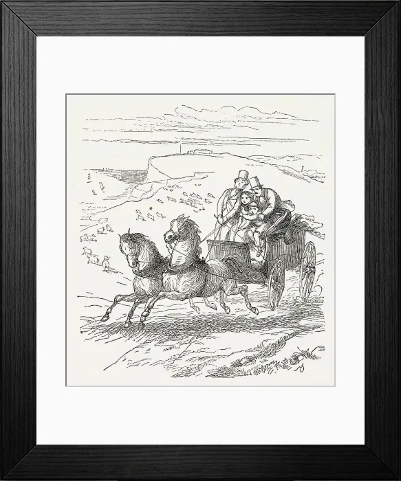 Framed Print : Illustration, The Newcomes, by Thackeray, showing a group of people in an open carriage with two runaway horses. Date: first published 1850s Framed Print : Illustration, The Newcomes, by Thackeray, showing a group of people in an open carriage with two runaway horses. Date: first published 1850s
