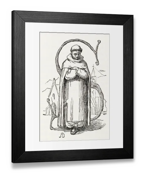 Framed Print : Illustration, The Newcomes, by Thackeray, showing an ornate initials depicting San Pedro de Alcantara (1499-1562), a Spanish Franciscan friar. Date: first published 1850s Framed Print : Illustration, The Newcomes, by Thackeray, showing an ornate initials depicting San Pedro de Alcantara (1499-1562), a Spanish Franciscan friar. Date: first published 1850s