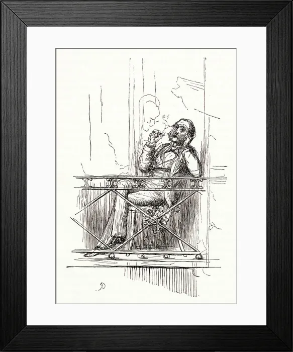 Framed Print : Illustration, The Newcomes, by Thackeray, showing a middle-aged man (Colonel Newcome) sitting on a balcony smoking. Date: first published 1850s Framed Print : Illustration, The Newcomes, by Thackeray, showing a middle-aged man (Colonel Newcome) sitting on a balcony smoking. Date: first published 1850s