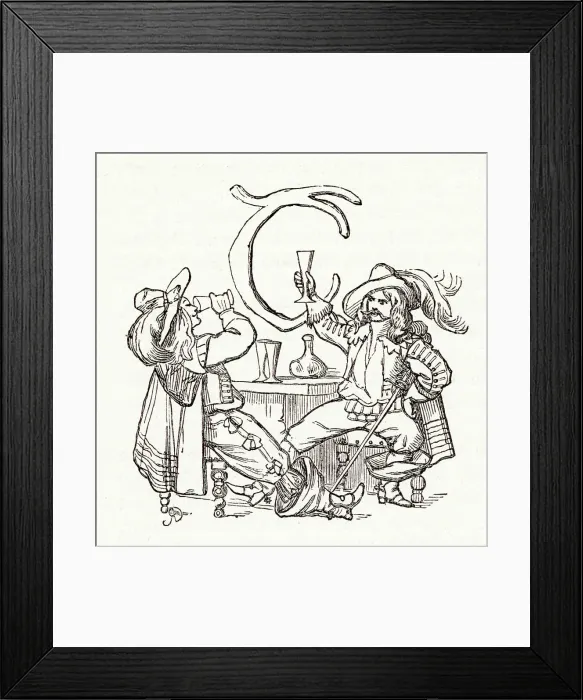 Framed Print : Illustration, The Newcomes, by Thackeray, showing an ornate initial T depicting two Cavalier men drinking wine. Date: first published 1850s Framed Print : Illustration, The Newcomes, by Thackeray, showing an ornate initial T depicting two Cavalier men drinking wine. Date: first published 1850s