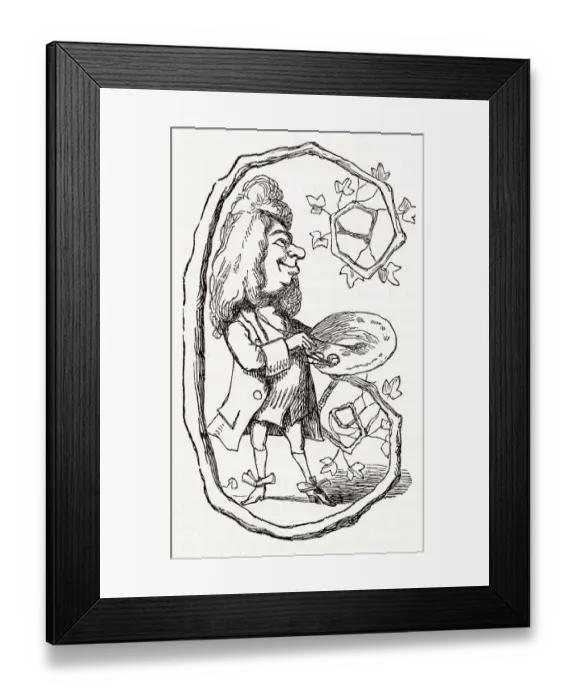Framed Print : Illustration, The Newcomes, by Thackeray, showing an ornate initial C depicting an artist in 18th century costume with palette and paints. Date: first published 1850s Framed Print : Illustration, The Newcomes, by Thackeray, showing an ornate initial C depicting an artist in 18th century costume with palette and paints. Date: first published 1850s