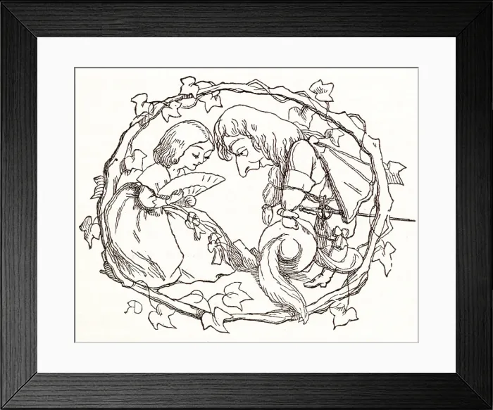 Framed Print : Illustration, The Newcomes, by Thackeray, showing an ornate initial O containing a Cavalier man bowing to a lady. Date: first published 1850s Framed Print : Illustration, The Newcomes, by Thackeray, showing an ornate initial O containing a Cavalier man bowing to a lady. Date: first published 1850s