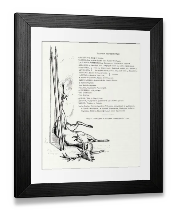Framed Print : Illustration by Kenny Meadows to Cymbeline, by William Shakespeare. Cast list, with dead deer and two spears. Date: 1840 Framed Print : Illustration by Kenny Meadows to Cymbeline, by William Shakespeare. Cast list, with dead deer and two spears. Date: 1840