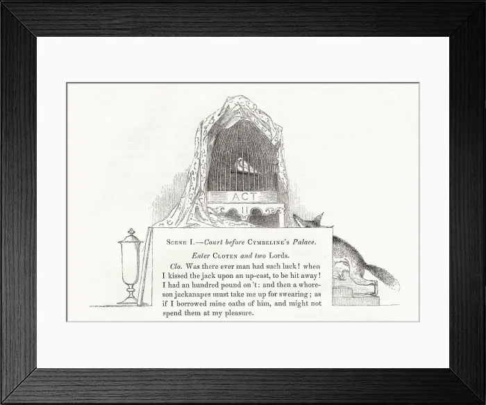 Framed Print : Illustration by Kenny Meadows to Cymbeline, by William Shakespeare. Introductory illustration to Act II, showing a bird in a cage (symbolising Imogen) with a fox nearby (symbolising Iachimo and Cloten). Date: 1840 Framed Print : Illustration by Kenny Meadows to Cymbeline, by William Shakespeare. Introductory illustration to Act II, showing a bird in a cage (symbolising Imogen) with a fox nearby (symbolising Iachimo and Cloten). Date: 1840