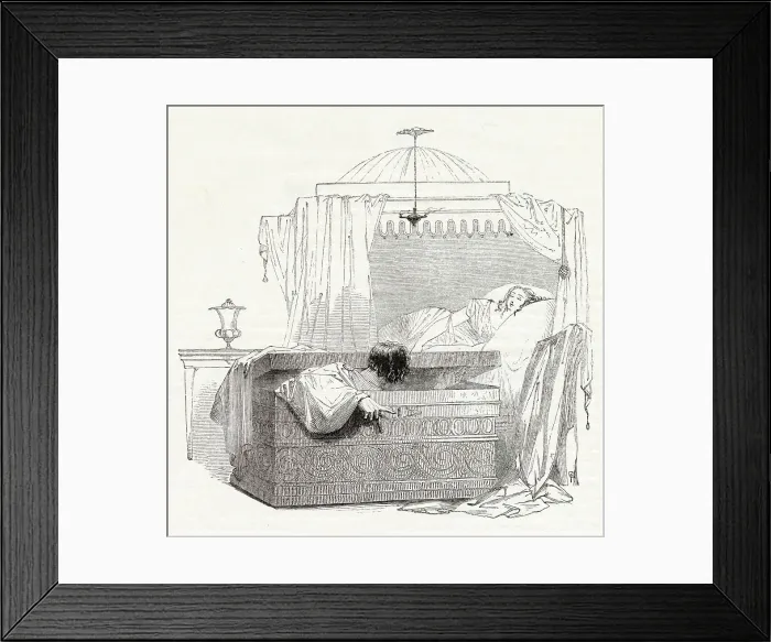 Framed Print : Illustration by Kenny Meadows to Cymbeline, by William Shakespeare. The Italian visitor, Iachimo, hides in a trunk in Imogen's bedroom overnight so that he can note details of her body and the room Framed Print : Illustration by Kenny Meadows to Cymbeline, by William Shakespeare. The Italian visitor, Iachimo, hides in a trunk in Imogen's bedroom overnight so that he can note details of her body and the room