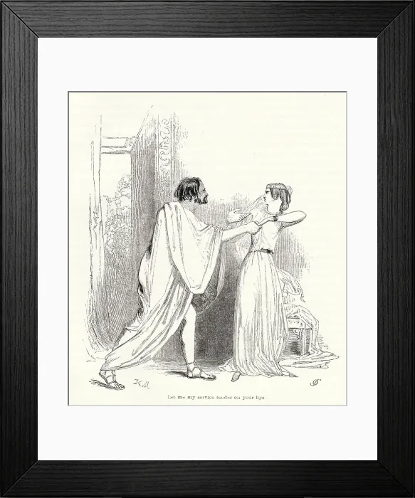 Framed Print : Illustration by Kenny Meadows to Cymbeline, by William Shakespeare. The Italian visitor, Iachimo, attempt to seduce Imogen by hinting that her husband Posthumus is unfaithful to her, but she resists him. Date: 1840 Framed Print : Illustration by Kenny Meadows to Cymbeline, by William Shakespeare. The Italian visitor, Iachimo, attempt to seduce Imogen by hinting that her husband Posthumus is unfaithful to her, but she resists him. Date: 1840