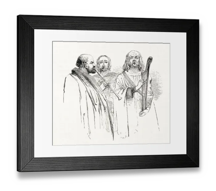 Framed Print : Illustration by Kenny Meadows to Cymbeline, by William Shakespeare. Musicians playing outside Imogen's bedroom to wake her up in the early morning, at Cloten's request. Date: 1840 Framed Print : Illustration by Kenny Meadows to Cymbeline, by William Shakespeare. Musicians playing outside Imogen's bedroom to wake her up in the early morning, at Cloten's request. Date: 1840