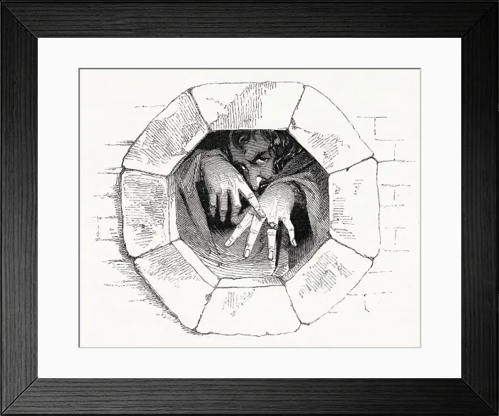 Framed Print : Illustration by Kenny Meadows to Cymbeline, by William Shakespeare. Imogen's husband Posthumus is tormented by Iachimo's supposed evidence that he has slept with Imogen. Date: 1840 Framed Print : Illustration by Kenny Meadows to Cymbeline, by William Shakespeare. Imogen's husband Posthumus is tormented by Iachimo's supposed evidence that he has slept with Imogen. Date: 1840