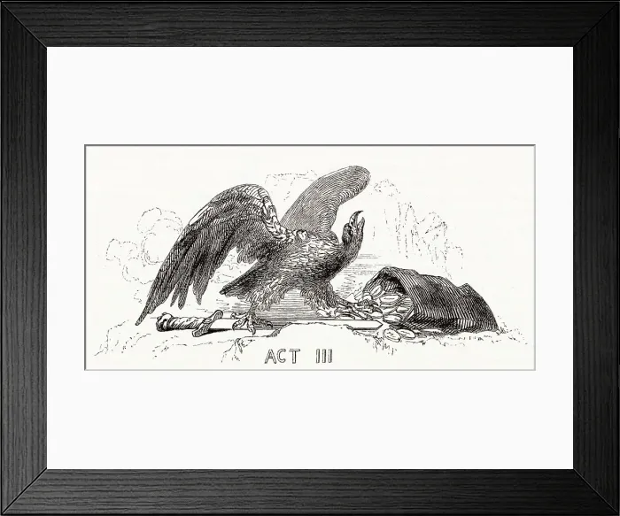 Framed Print : Illustration by Kenny Meadows to Cymbeline, by William Shakespeare. Introductory illustration to Act III, showing an eagle (symbolising the Roman Emperor) with a bag of coins (symbolising tribute money demanded by Rome from the British king)