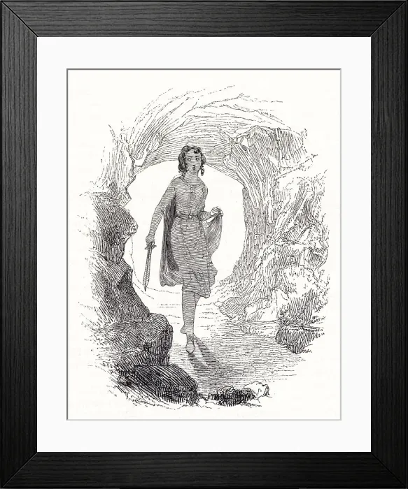 Framed Print : Illustration by Kenny Meadows to Cymbeline, by William Shakespeare. Imogen disguised as a boy, named Fidele. Date: 1840 Framed Print : Illustration by Kenny Meadows to Cymbeline, by William Shakespeare. Imogen disguised as a boy, named Fidele. Date: 1840