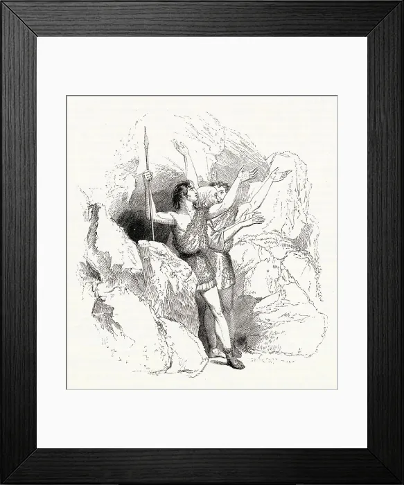 Framed Print : Illustration by Kenny Meadows to Cymbeline, by William Shakespeare. Belarius, Guiderius and Arviragus outside their cave in the wilds of Wales. Date: 1840 Framed Print : Illustration by Kenny Meadows to Cymbeline, by William Shakespeare. Belarius, Guiderius and Arviragus outside their cave in the wilds of Wales. Date: 1840