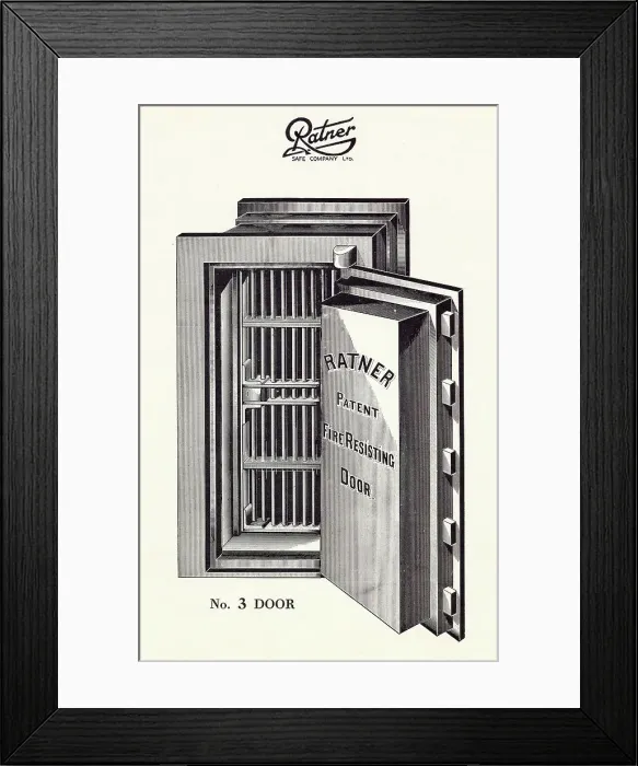 Framed Print : Ratner strong room door, No. 3, fire-resisting with lobby and grille. Date: circa 1920s Framed Print : Ratner strong room door, No. 3, fire-resisting with lobby and grille. Date: circa 1920s
