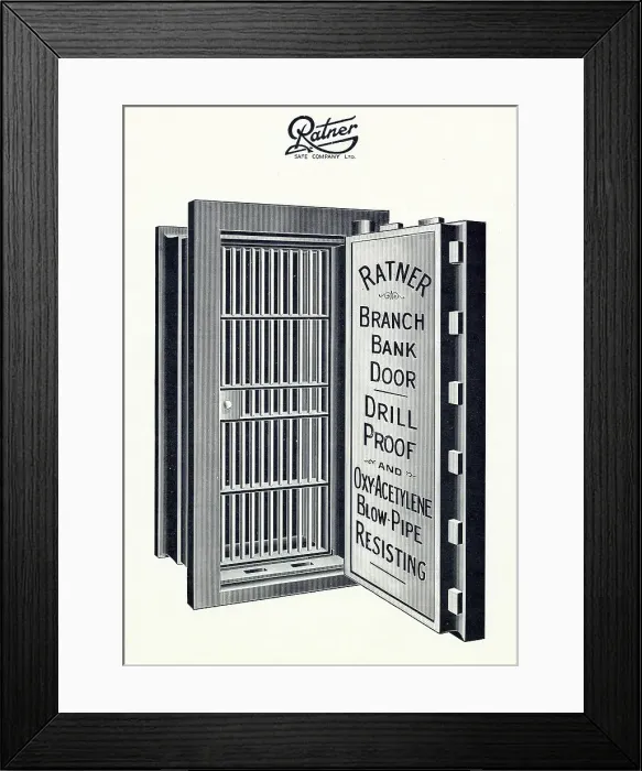 Framed Print : Ratner branch bank strong room door, drill proof and blowpipe resisting. Date: circa 1920s Framed Print : Ratner branch bank strong room door, drill proof and blowpipe resisting. Date: circa 1920s
