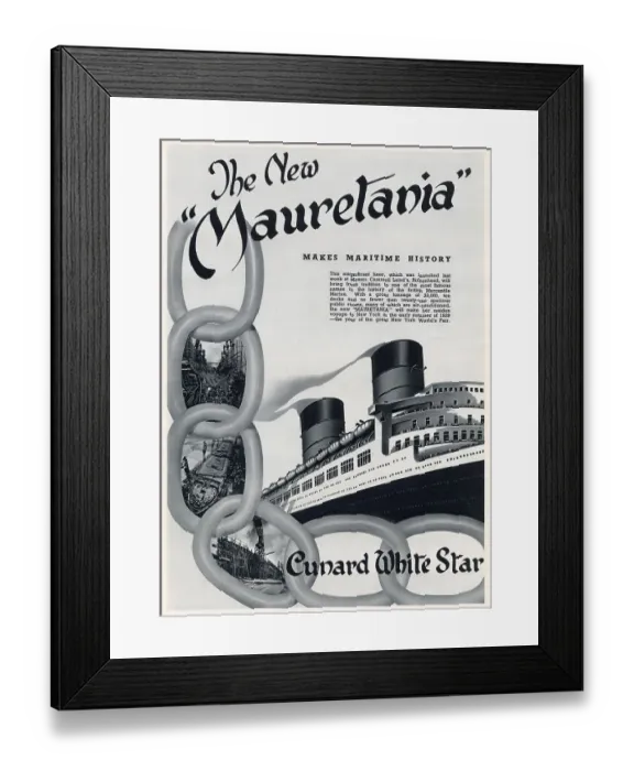 Framed Print : Advertisement for RMS Mauretania, the newly formed Cunard-White Star company, ocean liner. Date: 1938 Framed Print : Advertisement for RMS Mauretania, the newly formed Cunard-White Star company, ocean liner. Date: 1938