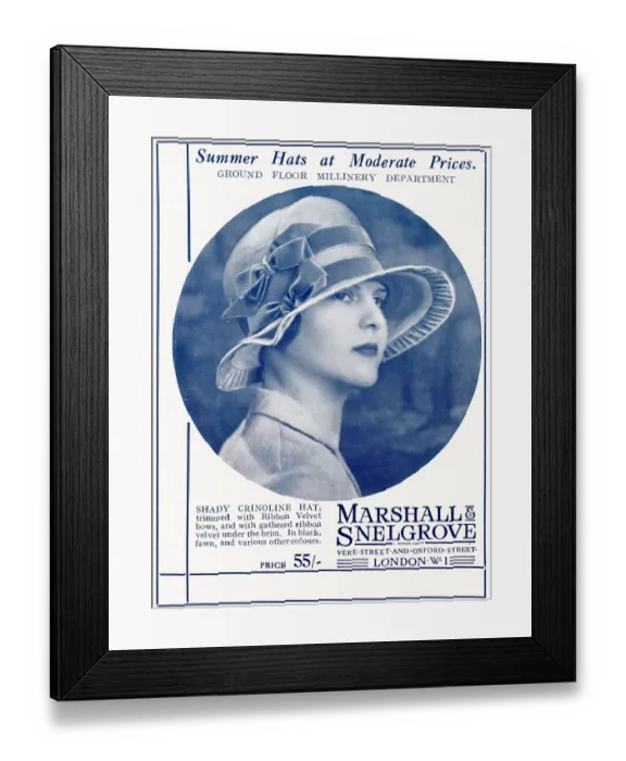 Framed Print : Shady crinoline hat, trimmed with ribbon velvet bows and gathered ribbon velvet under brim. Date: 1927