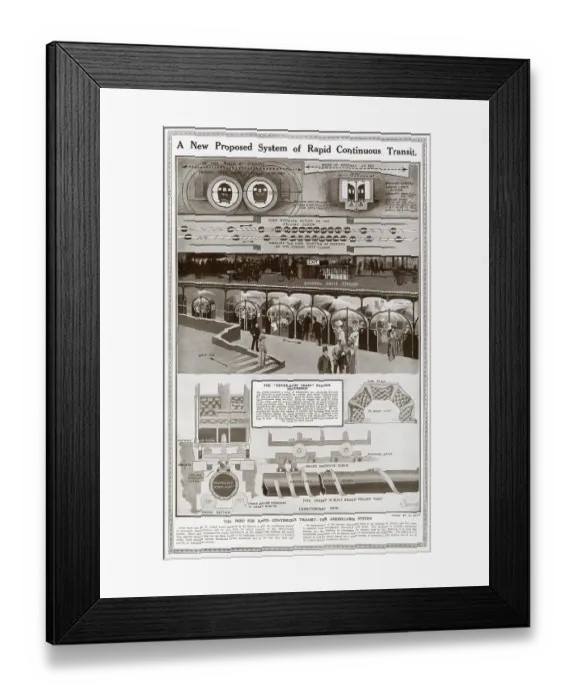 Framed Print : Diagram showing a proposed the never-stop train system described as electric cars mounted on tubular shaft along a continuous route in London. Date: 1911 Framed Print : Diagram showing a proposed the never-stop train system described as electric cars mounted on tubular shaft along a continuous route in London. Date: 1911