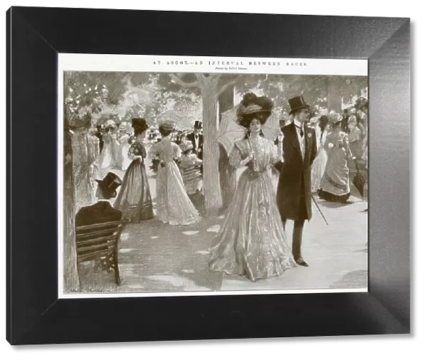 Edwardian men and women in their fine attire, socializing in the interval between horse races. Date: 1907