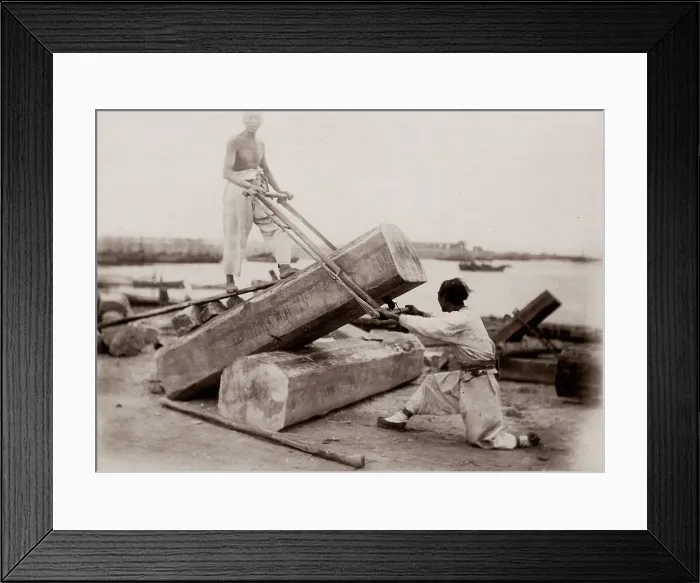 Framed Print : c. 1900 China - carpenters sawing a log Framed Print : c. 1900 China - carpenters sawing a log