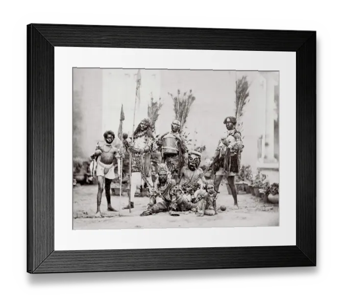 Framed Print : c. 1890s - tribal dancers in costume, drums and spears Framed Print : c. 1890s - tribal dancers in costume, drums and spears