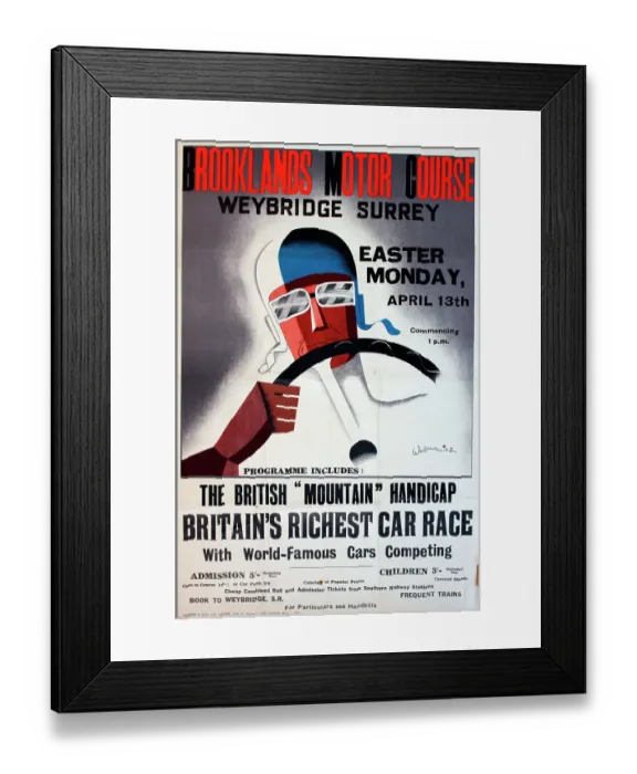 Framed Print : Poster, Brooklands Motor Course, Weybridge, Surrey, The British Mountain Handicap, Britain's Richest Car Race, Easter Monday, 13 April 1936. Date: 1936 Framed Print : Poster, Brooklands Motor Course, Weybridge, Surrey, The British Mountain Handicap, Britain's Richest Car Race, Easter Monday, 13 April 1936. Date: 1936