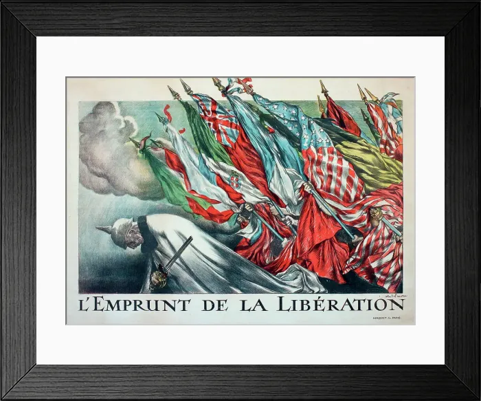 Framed Print : WW1 poster, L'Emprunt de la Liberation (The Liberation Loan) - the German Kaiser bows under the combined strength of the Allied flags. Date: 1918 Framed Print : WW1 poster, L'Emprunt de la Liberation (The Liberation Loan) - the German Kaiser bows under the combined strength of the Allied flags. Date: 1918