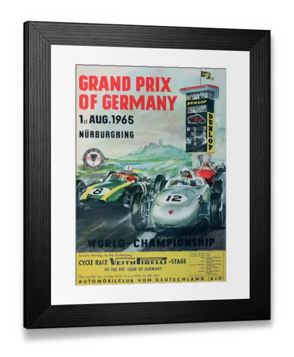 Framed Print : Poster, German Grand Prix, Nurburgring race track, World Championship, 1 August 1965, including a cycle race. Date: 1965 Framed Print : Poster, German Grand Prix, Nurburgring race track, World Championship, 1 August 1965, including a cycle race. Date: 1965