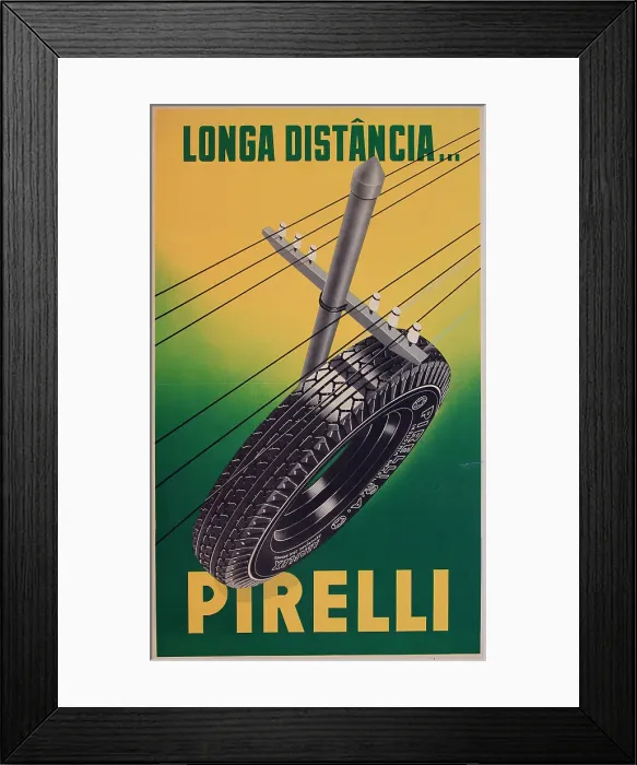 Framed Print : Poster, Pirelli Long Distance tyres. Date: circa 1950 Framed Print : Poster, Pirelli Long Distance tyres. Date: circa 1950