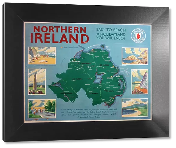 Poster, Northern Ireland, Ulster Transport tourist map, with six vignettes of places to visit - easy to reach, a holidayland you will enjoy. Date: circa 1950
