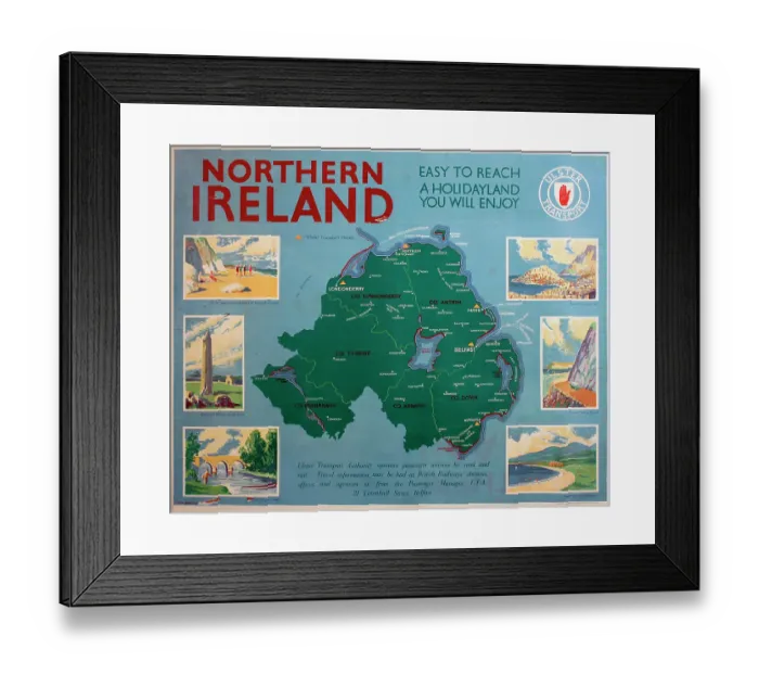 Framed Print : Poster, Northern Ireland, Ulster Transport tourist map, with six vignettes of places to visit - easy to reach, a holidayland you will enjoy. Date: circa 1950 Framed Print : Poster, Northern Ireland, Ulster Transport tourist map, with six vignettes of places to visit - easy to reach, a holidayland you will enjoy. Date: circa 1950