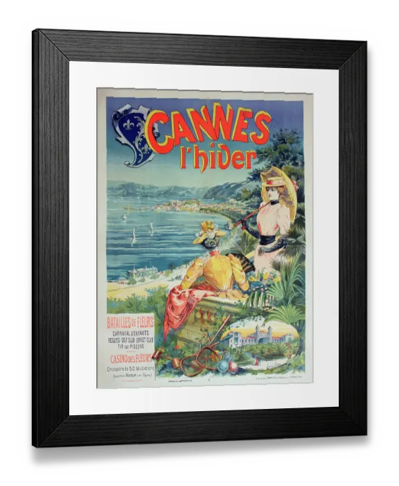 Framed Print : Poster advertisement for Cannes, South of France, for winter holidays, with flowers, a children's carnival, concerts, golf, cricket, and pigeon shooting. Date: 1892 Framed Print : Poster advertisement for Cannes, South of France, for winter holidays, with flowers, a children's carnival, concerts, golf, cricket, and pigeon shooting. Date: 1892