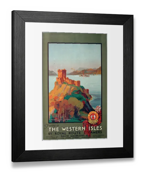 Framed Print : Poster, Scotland, Touring in the Western Isles by Royal Route Steamers, Urquhart Castle, Loch Ness, Caledonian Canal. Date: circa 1928 Framed Print : Poster, Scotland, Touring in the Western Isles by Royal Route Steamers, Urquhart Castle, Loch Ness, Caledonian Canal. Date: circa 1928