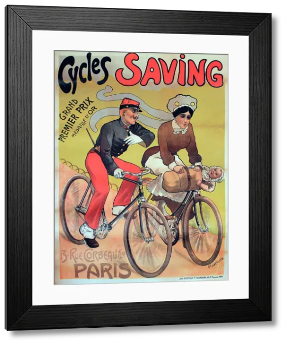 Framed Print : Poster, Cycles Saving, Grand Premier Prix, Gold Medal, 13 Rue Corbeau, Paris. Safe enough to strap your baby onto the handlebars! Date: circa 1900s Framed Print : Poster, Cycles Saving, Grand Premier Prix, Gold Medal, 13 Rue Corbeau, Paris. Safe enough to strap your baby onto the handlebars! Date: circa 1900s